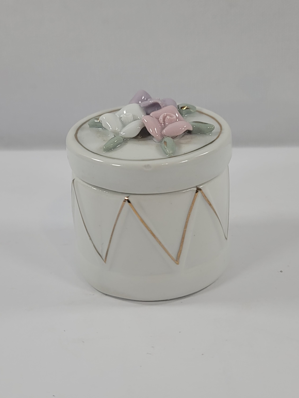 Vintage Round Drum Floral Lidded Porcelain Trinket Box
